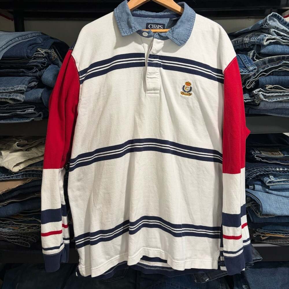 Chaps Long Sleeve Striped Rugby Polo Shirt Y2K with Crest Logo XL